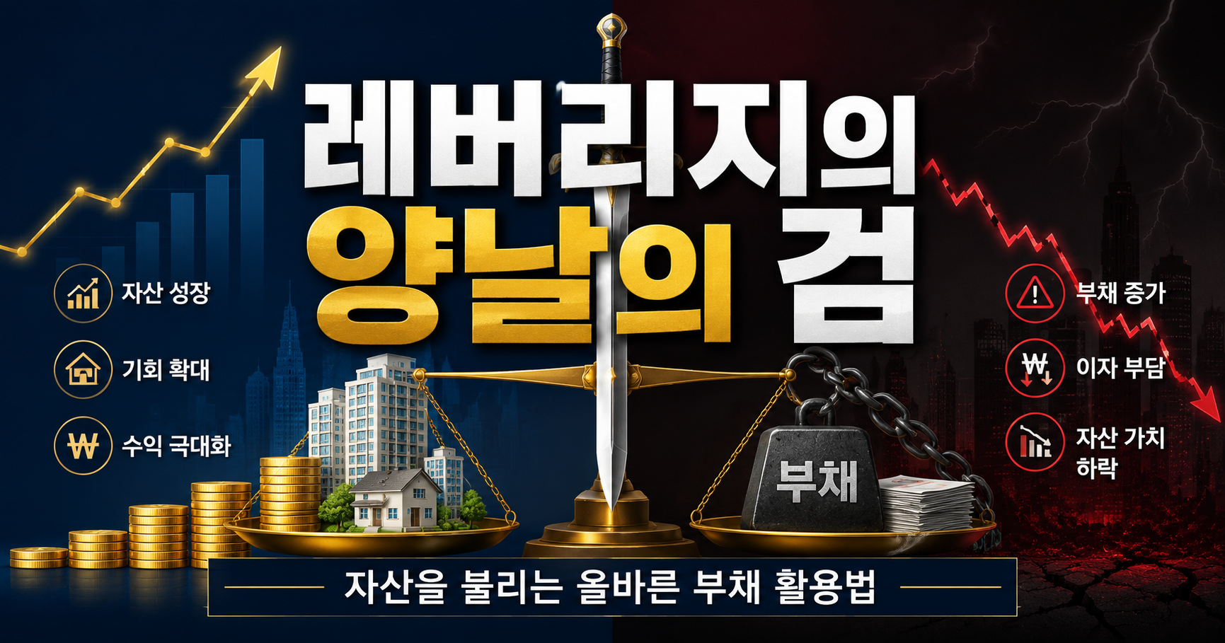 레버리지의 양날의 검을 표현한 금융 썸네일 이미지, 자산 성장과 부채 증가 위험을 저울과 상승&middot;하락 그래프로 비교한 장면