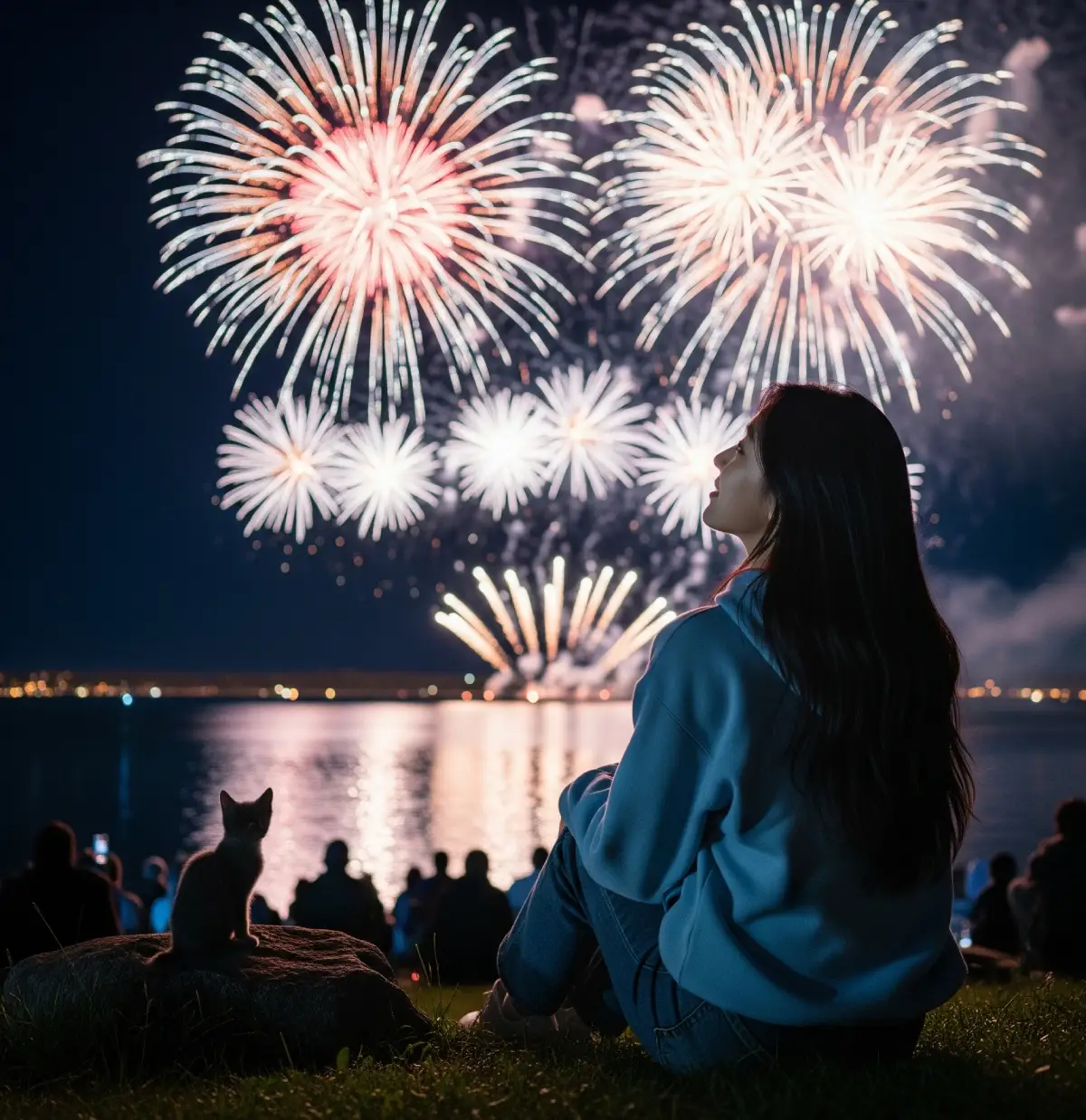 한 젊은 여행가가 수많은 인파 속에서 호숫가에 앉아 캐나다 데이 불꽃놀이를 넋을 잃고 바라보는 모습