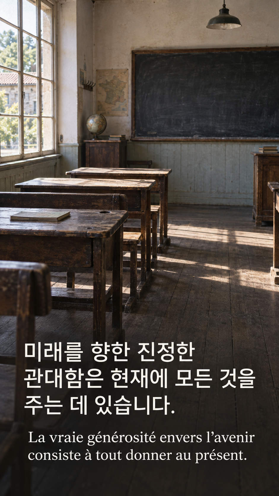 미래를 위해 오늘을 쓰기 &mdash; 1950년대 분위기의 빈 마을 교실