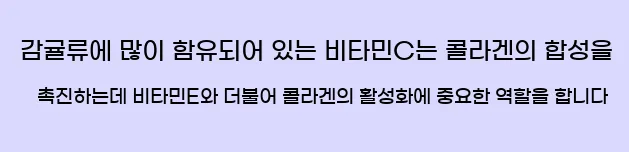  감귤류에 많이 함유되어 있는 비타민C는 콜라겐의 합성을 촉진하는데 비타민E와 더불어 콜라겐의 활성화에 중요한 역할을 합니다