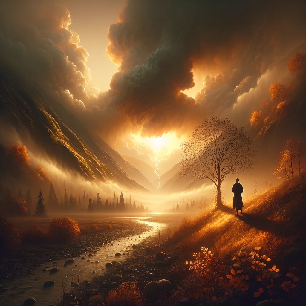 영이 무너지는 상황 속에서도 하나님의 약속을 바라보는 믿음의 삶 - Here's the image capturing the essence of a life of faith, looking towards God's promise amidst challenging times, set against a warm and hopeful background. It aims to evoke feelings of calm, resilience, and the uplifting power of faith. If you have any further adjustments or another vision in mind, please share your thoughts!