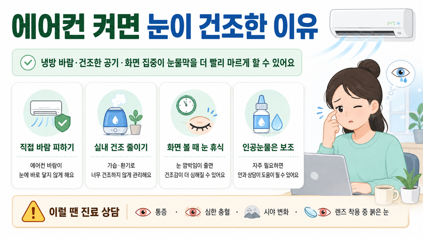 에어컨 바람에 눈이 건조할 때 확인할 증상과 인공눈물 사용 기준