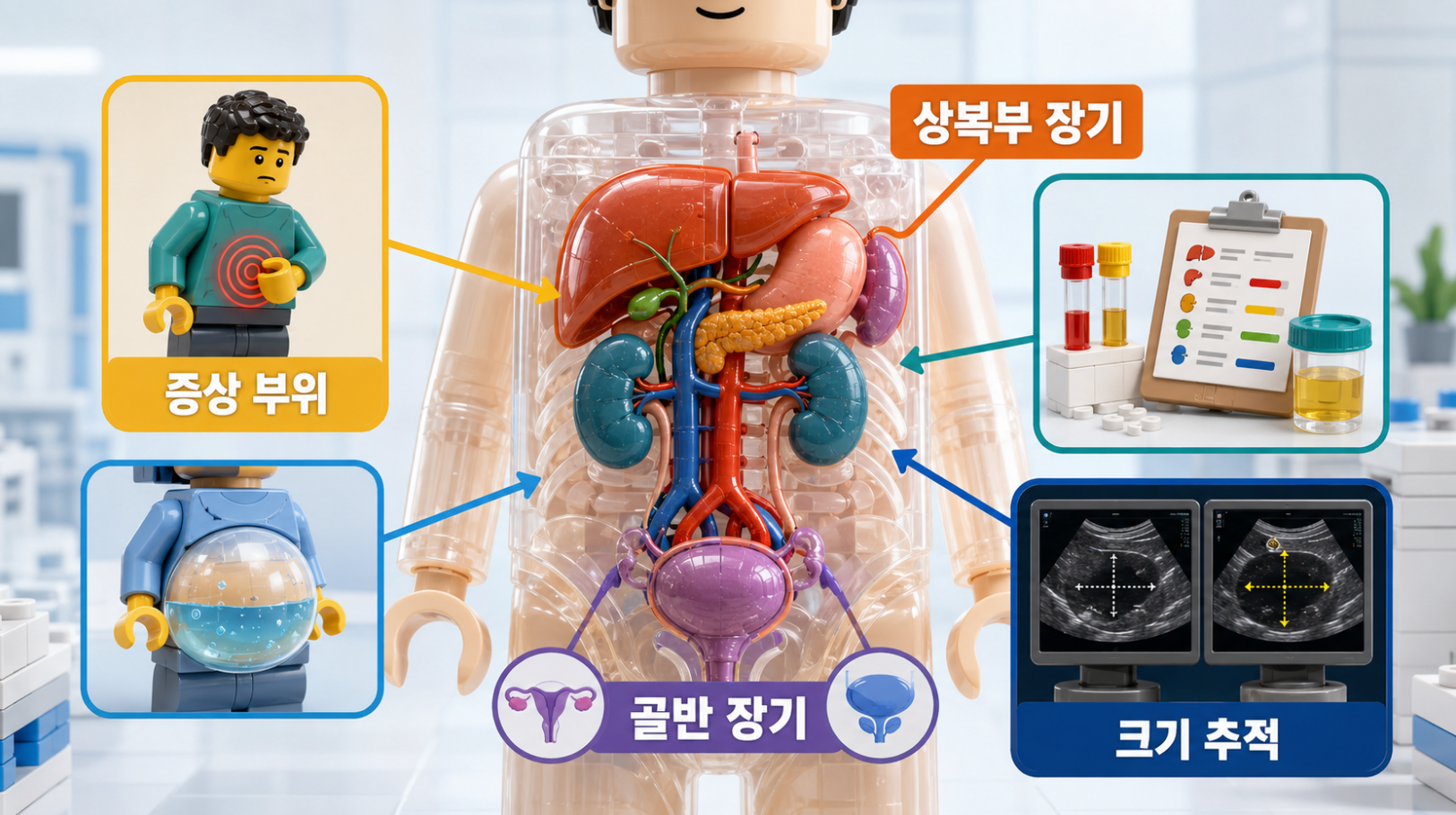 복부초음파로 관찰하는 복부 장기와 검사를 시행하는 주요 상황 의료 인포그래픽
