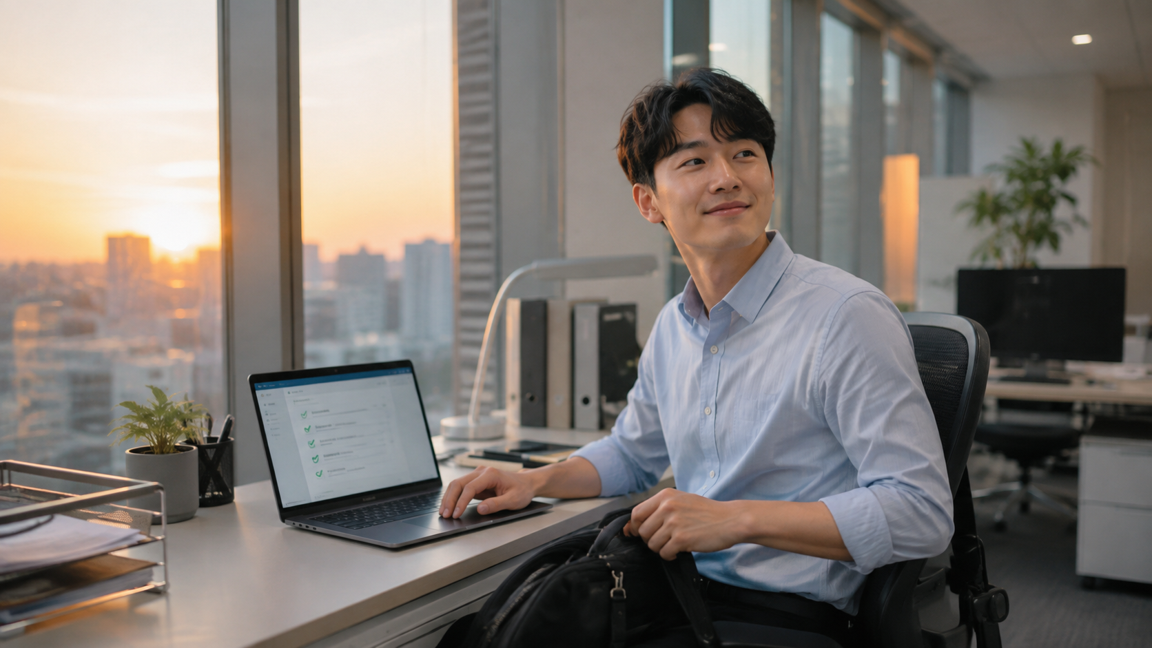 AI 업무 자동화로 일을 일찍 마치고 노을이 비치는 사무실에서 퇴근을 준비하는 한국인 직장인