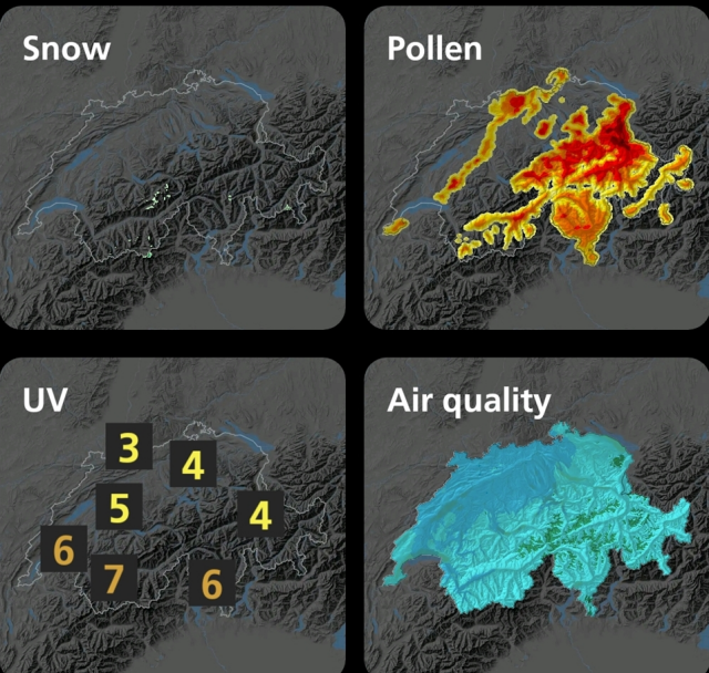 MeteoSwiss는 자외선 지수, 적설량, 미세먼지 농도 등의 정보를 제공한다.