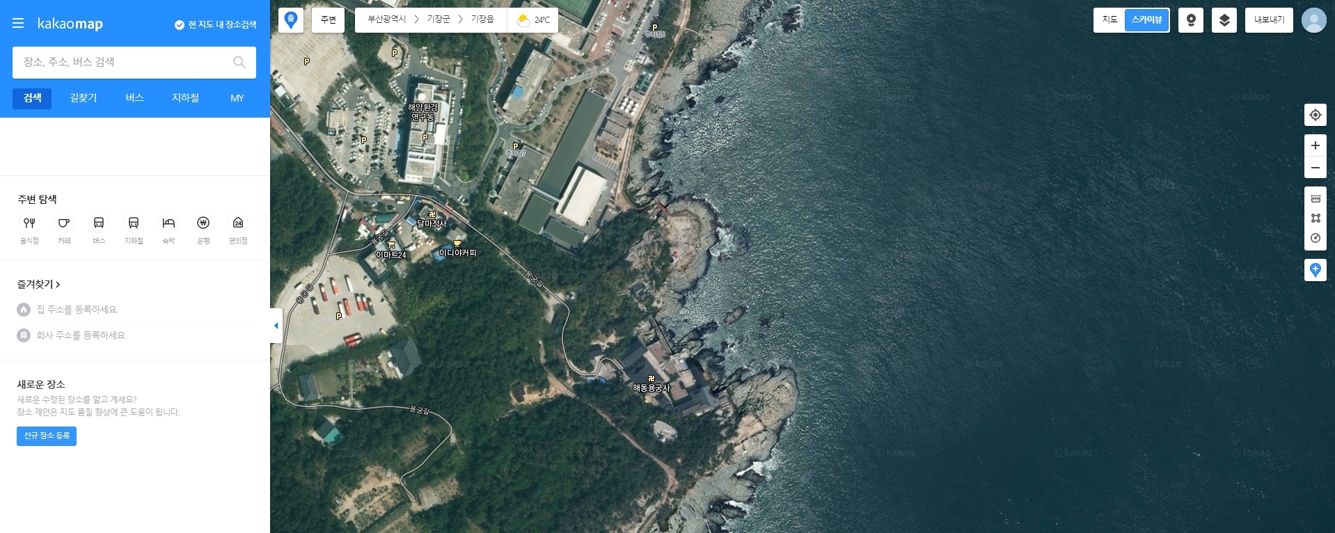 일반 지도 화면이 고화질 위성 사진인 스카이뷰 모드로 변경된 모습