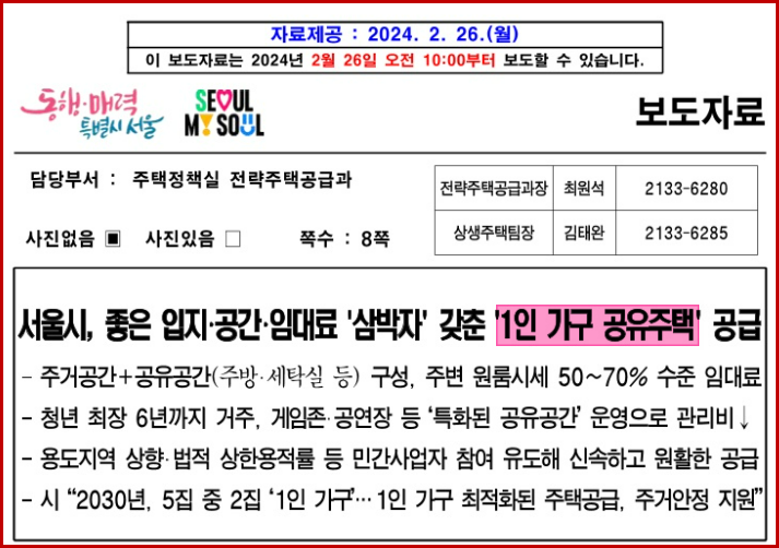 서울시 1인가구 공유주택 보도자료