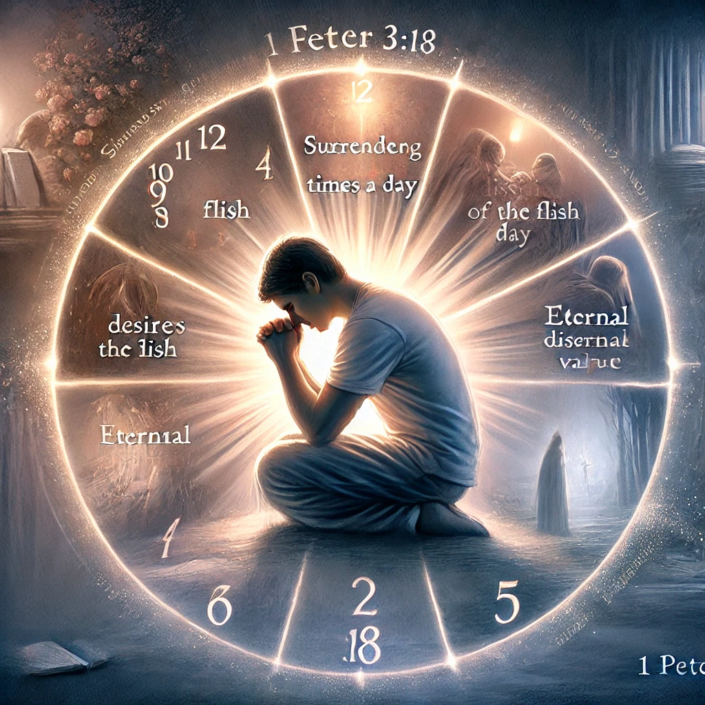 하루에 세 번 기도하며 육체의 욕망을 내려놓고 영의 소중함을 깨닫는 모습을 담았습니다. 이 그림이 기도의 삶을 지속하는 데 도움이 되길 바랍니다.