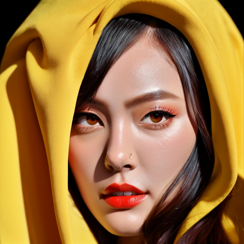 생성형 ai로 만든 머리에 노란 천을 두루고 있는 여성 이미지