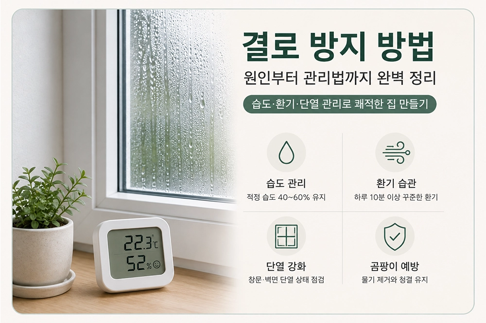결로가 생긴 창문과 온습도계를 통해 실내 습도 관리와 환기의 중요성을 보여주는 결로 방지 방법 예시