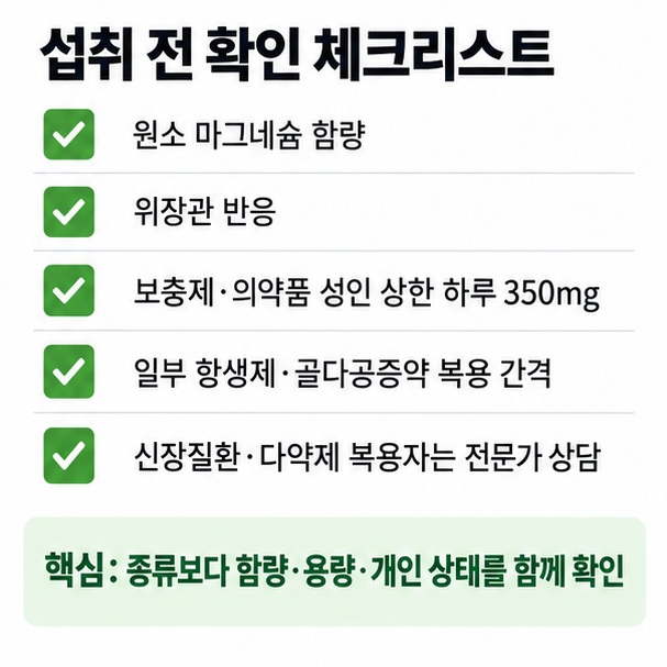 마그네슘 영양제 선택 전 원소 마그네슘 함량 위장관 반응 복용약 신장질환과 하루 보충제 상한을 확인하는 이미지