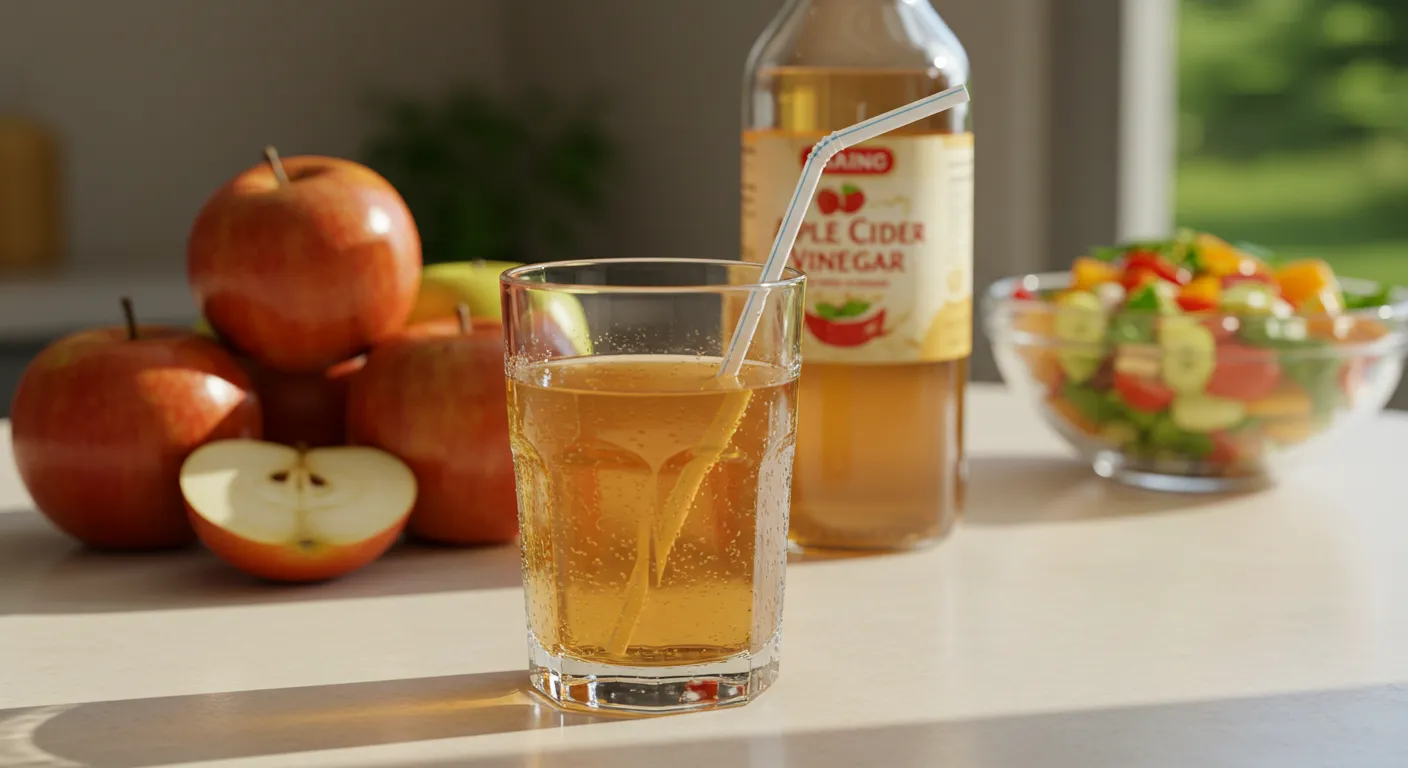 신선한 사과와 함께 놓인 초모가 살아있는 애사비(애플사이다식초) 한 잔을 보여주는 이미지