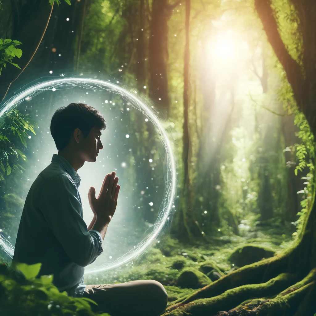 이 이미지는 성령의 인도를 받으며 생활하는 모습을 나타내고 있습니다. 고요한 숲속에서의 기도는 마음이 평온해지고 집중될 때, 우리가 성령의 목소리를 더 잘 들을 수 있음을 상징합니다.