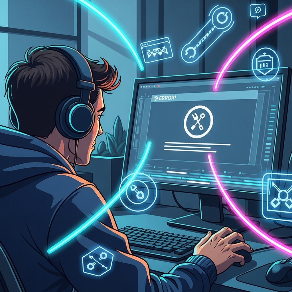 게임 실행 오류 화면을 보고 있는 게이머와 문제 해결 유틸리티 아이콘들