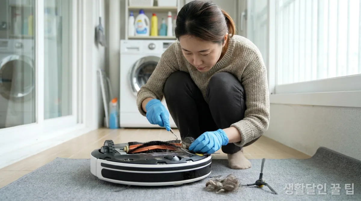 로봇청소기의 브러시와 흡입구를 청소하는 한국 여성