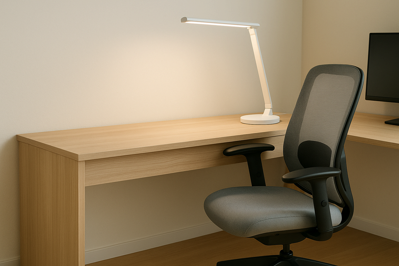 공부방 책상에 조명과 인체공학적 의자가 배치된 모습