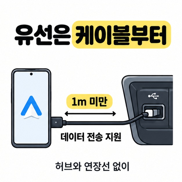 데이터 전송을 지원하는 1m 미만 USB 케이블로 허브와 연장선 없이 휴대전화와 차량 포트를 직접 연결하는 도식