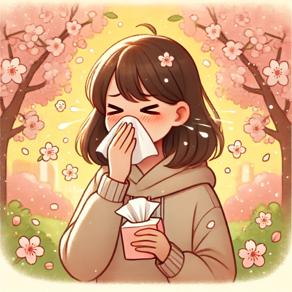 벚꽃 구경 갔다가 재채기하는 이미지