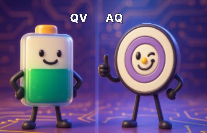 배터리(QV)와 과녁(AQ) 캐릭터가 맞대결하듯 서 있고, 배경은 초전도 칩 보드로 양자컴퓨터의 성능 지표 대비를 직관적으로 표현 (Quantum Volume, Algorithmic Qubits, superconducting chip, quantum computing, benchmark, hero image)