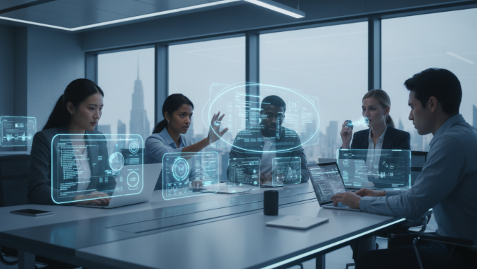 2025년 스마트 오피스에서 AI 생산성 툴을 활용하여 효율적으로 협업하는 다양한 직장인들의 모습