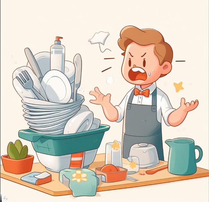 접시를 다시 닦아야 하는 난처한 남자의 모습