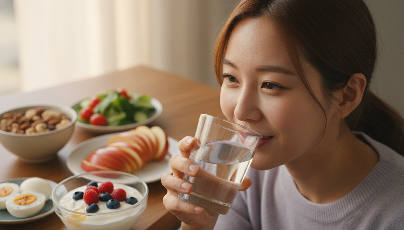 물을 마시며 건강한 다이어트 간식(견과류, 과일, 요거트)이 놓인 테이블 앞에서 미소 짓는 한국 여성