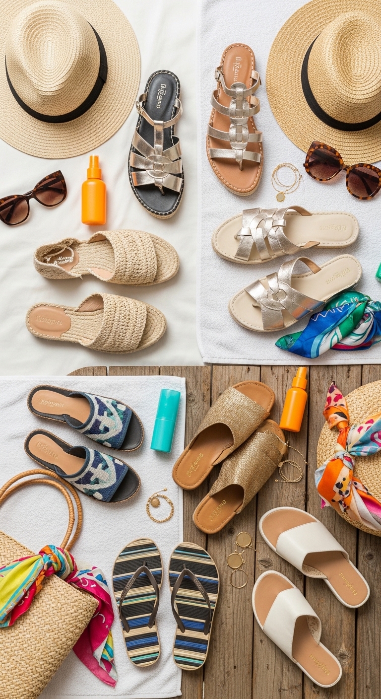 다양한 액세서리와 함께 배치된 예쁜 샌들과 조리. 여행지에서 편안함과 스타일을 모두 잡는 신발 추천