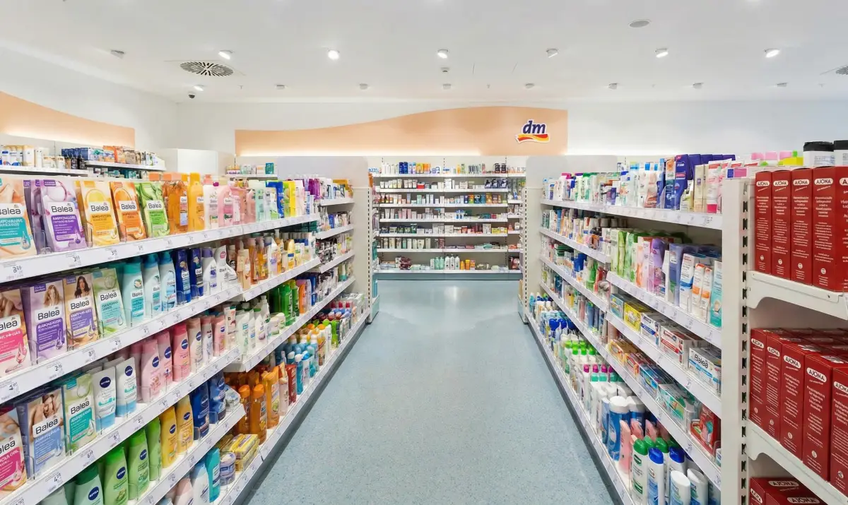 다양한 화장품과 생활용품이 진열된 독일 DM 드럭스토어 내부 모습