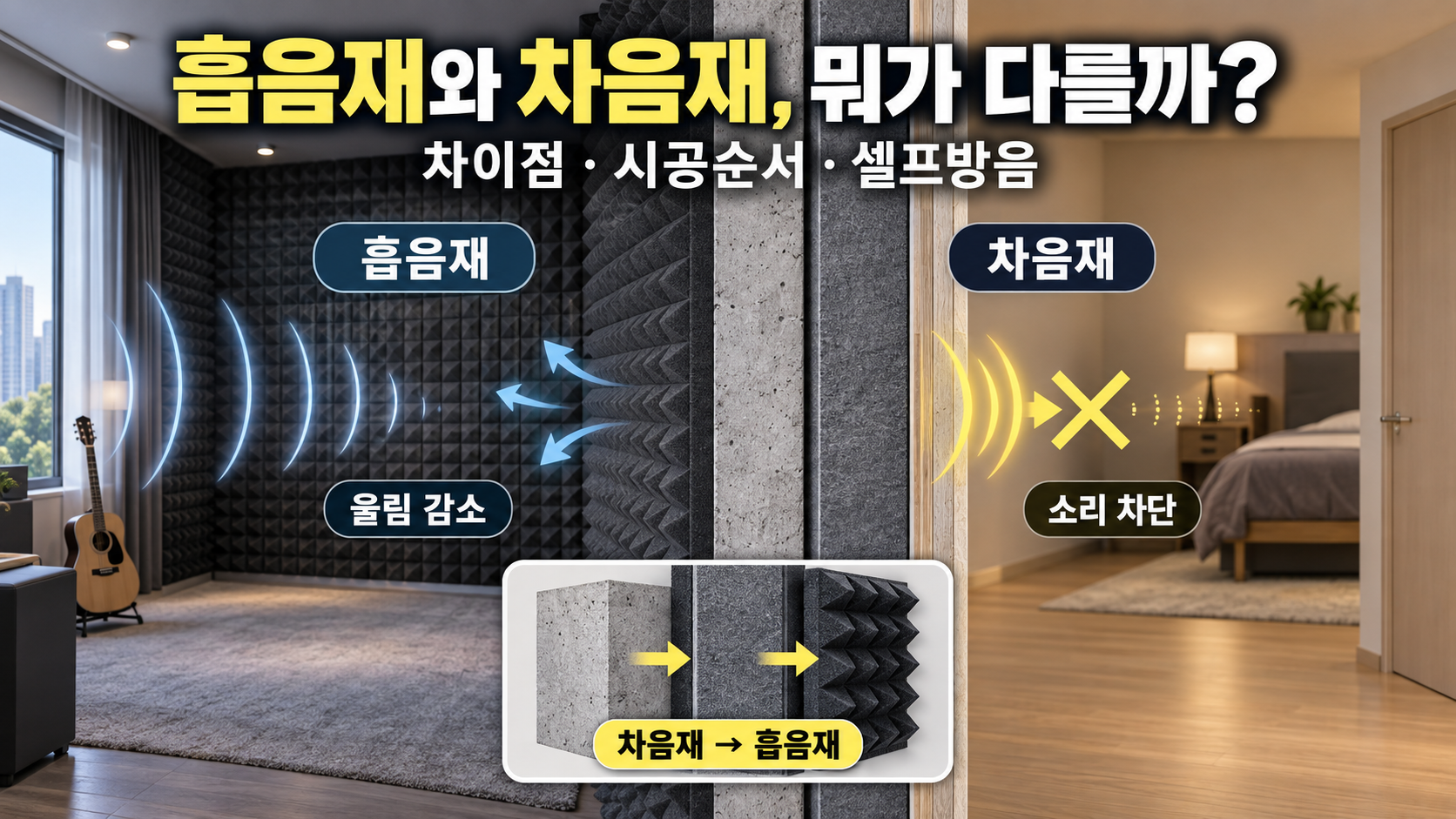 흡음재와 차음재의 차이 및 시공 순서 비교 이미지
