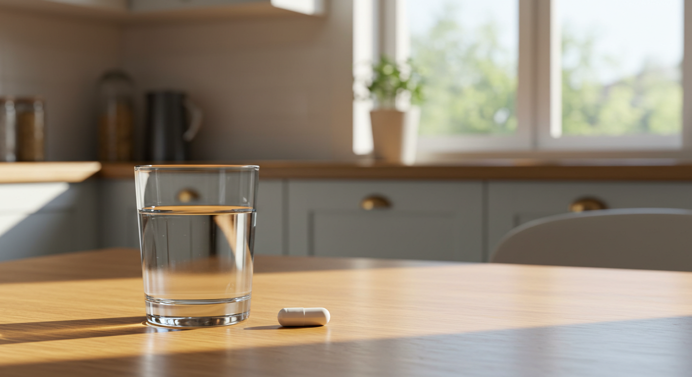 유산균 캡슐과 물 한잔이 식탁 위에 놓여 있는 모습