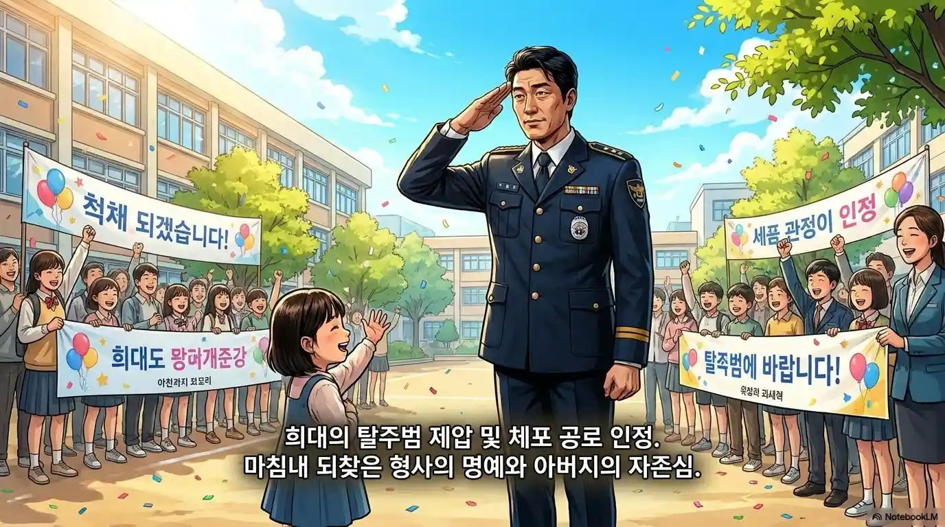 거북이 달린다 해피엔딩 결말 - 탈주범 체포 공로 진급한 조필성 딸 학교 퍼레이드 경례 명예 회복 장면