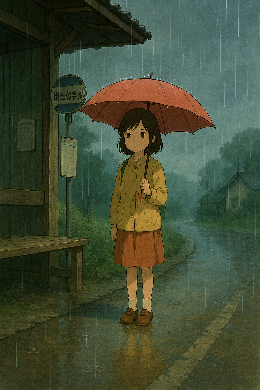 chatgpt 지브리 스타일 프롬프트, ✨지금 핫한 감성 이미지 뽑는 꿀팁 대공개!,비 오는 날 버스 정류장에서 기다리는 소녀