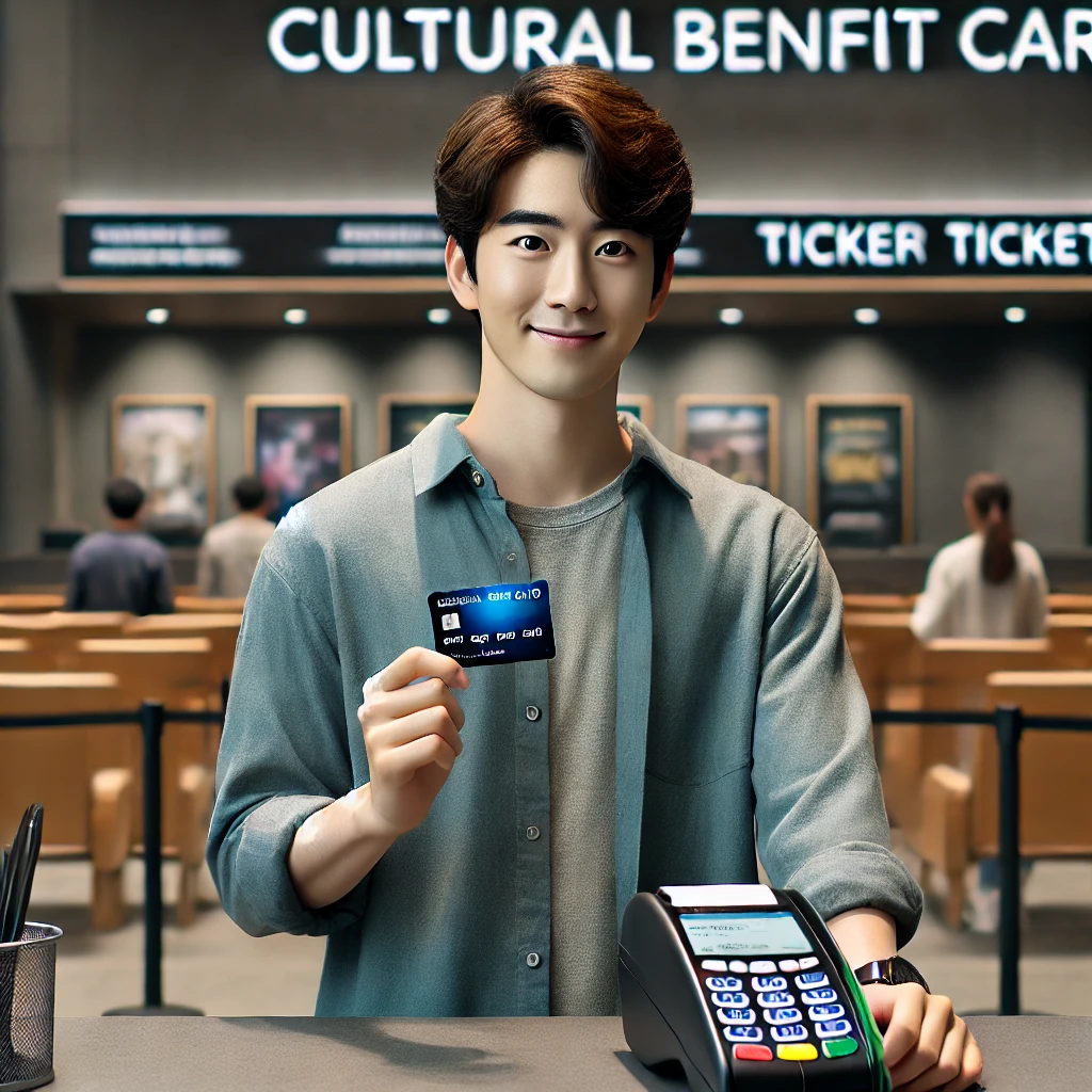 영화관 매표소에서 문화누리카드를 들고 결제를 진행하는 한국 남성. 배경에는 영화 포스터가 보임.