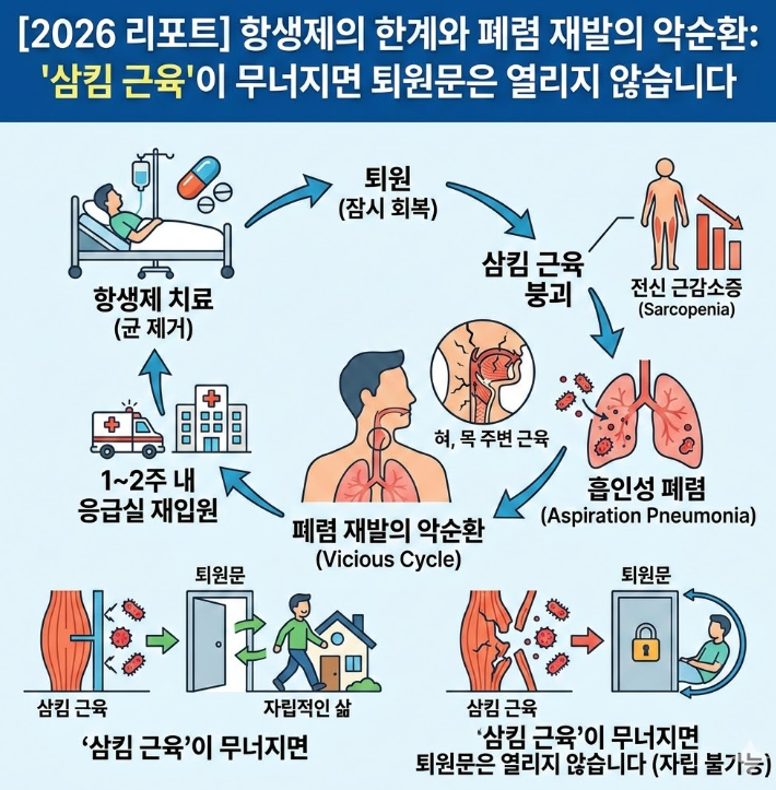흡인성 폐렴 재발 구조를 설명한 인포그래픽, 항생제 치료 후 퇴원과 삼킴 근육 붕괴로 재입원되는 악순환 구조도