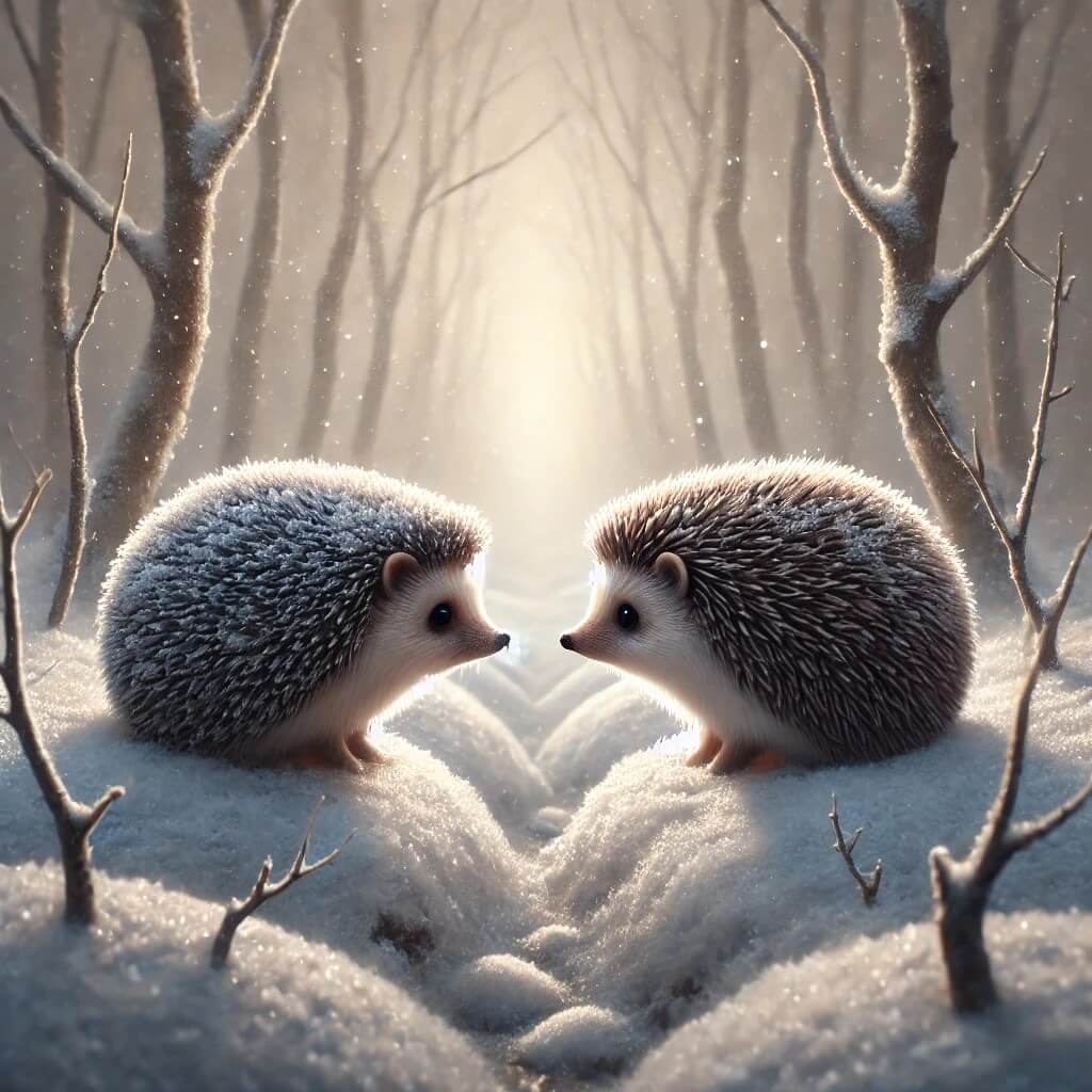 조심스럽게 서로에게 다가가는 두 마리의 고슴도치 묘사를 통해, 정서적 친밀감과 자기 보호 사이의 균형을 상징하는 '고슴도치 딜레마'