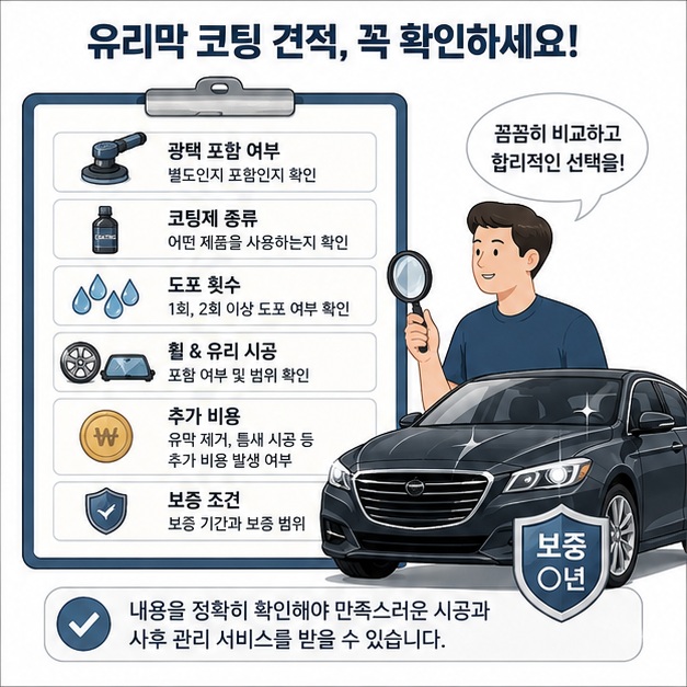 유리막 코팅 견적에서 광택 포함 여부와 코팅제, 도포 횟수, 휠과 유리 시공, 추가 비용과 보증 조건을 확인하는 모습을 보여 주는 그림