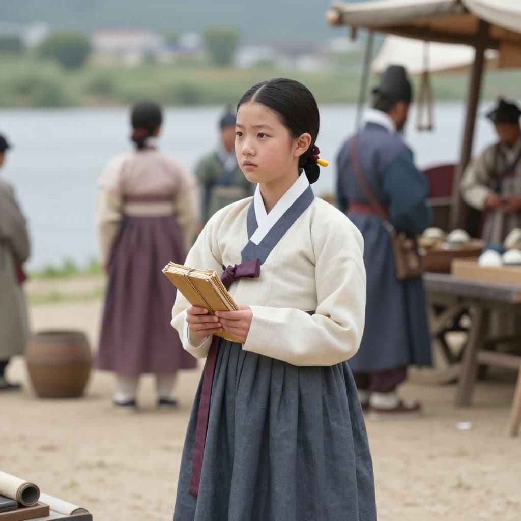 삼국 시대 강가의 교역터에서 어린 소서노가 사람과 물자의 흐름을 바라보는 모습, 이동과 거래의 현장에서 현실 감각과 결단력을 키워가는 여성 리더의 성장 장면