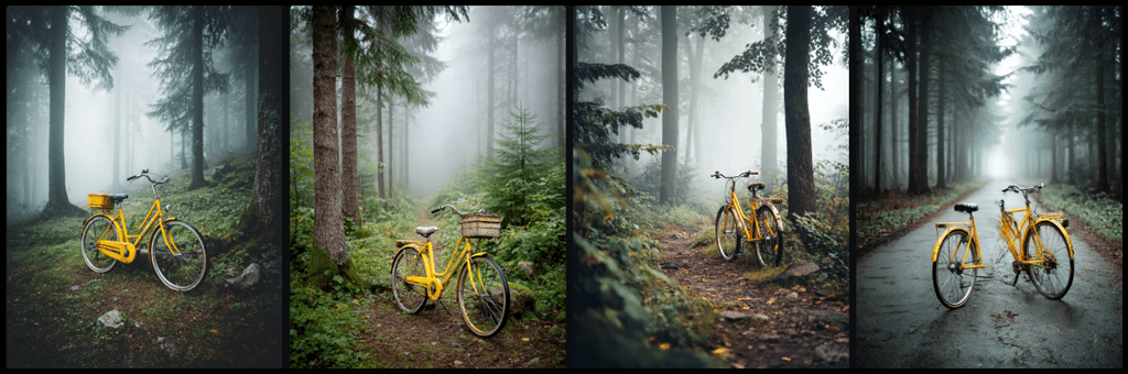 스타일 실험 감성 컷 예시_안개 속 자건거_Midjourney