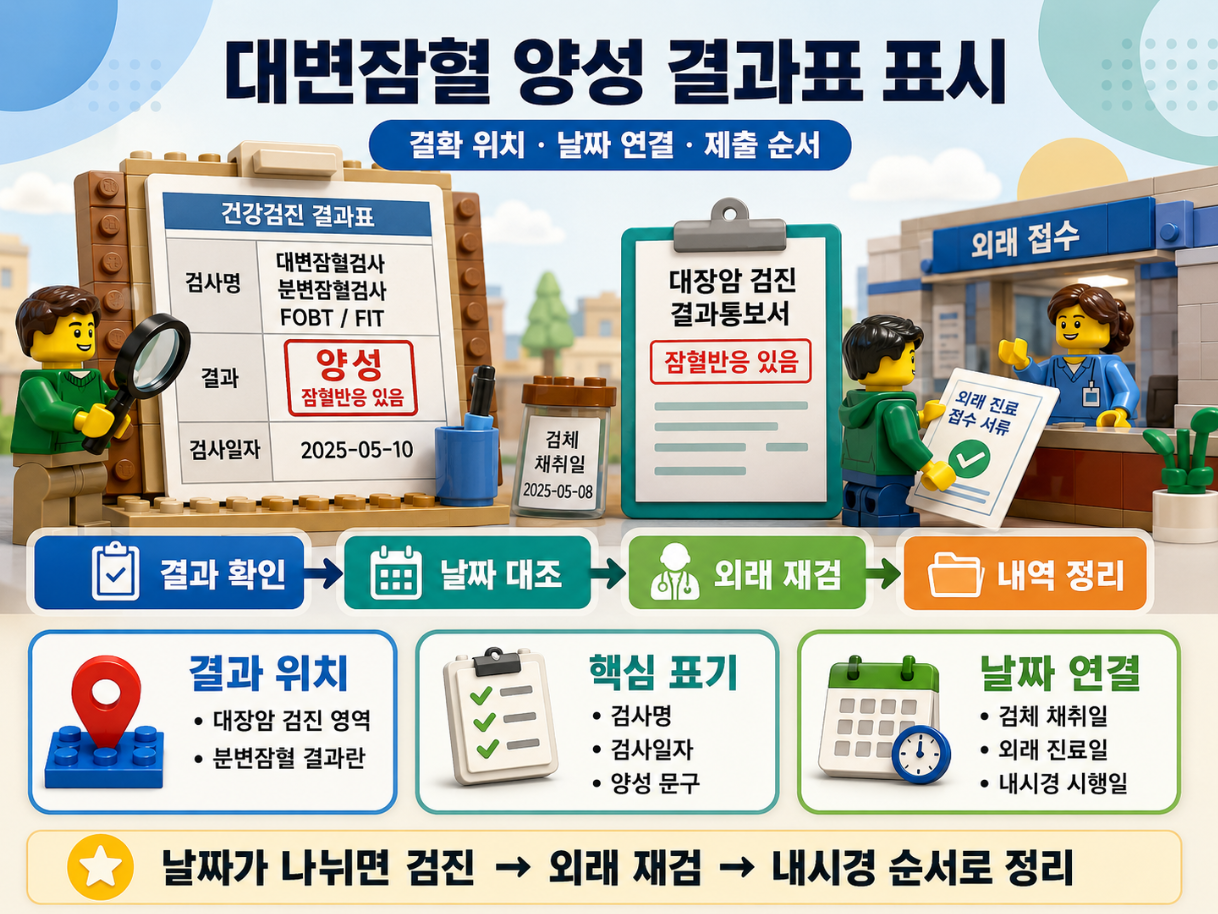 대변잠혈 양성 결과표 표시와 검사명, 검사일자, 검체 채취일, 외래 재검 연결 순서를 안내한 레고 스타일 의료 인포그래픽