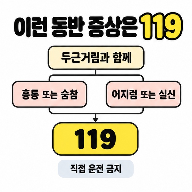 두근거림과 함께 흉통이나 숨참, 어지럼이나 실신이 나타나면 119에 연락하고 직접 운전하지 말라고 안내한 그림