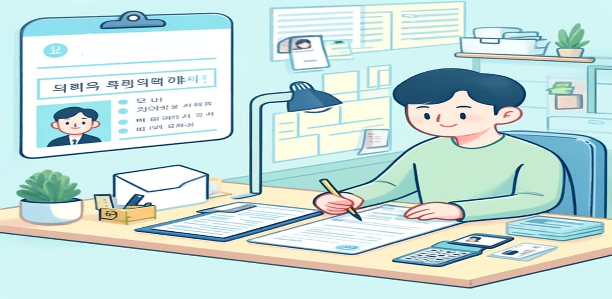 주거급여를 신청하는 1인 가구의 모습 – 신청서, 신분증, 계산기 등 신청 준비 요소들이 함께 표현된 일러스트