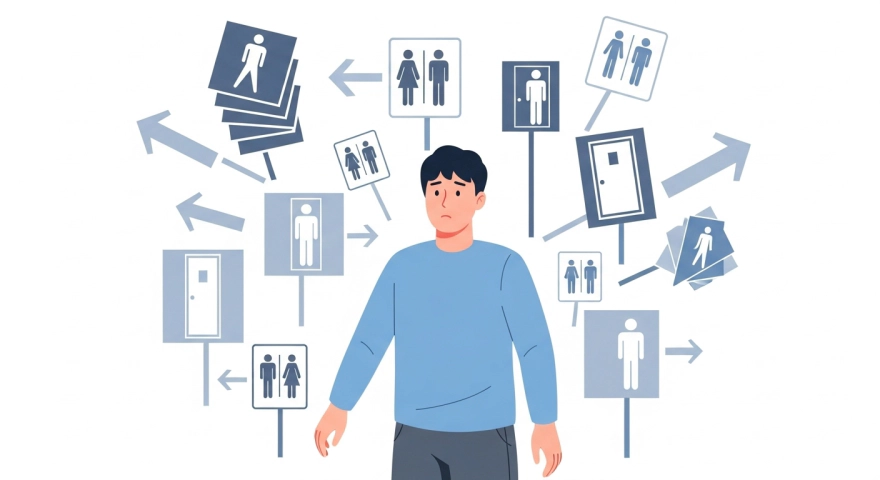 화장실 표지판 주변에서 빈뇨로 고민하는 남성 그림