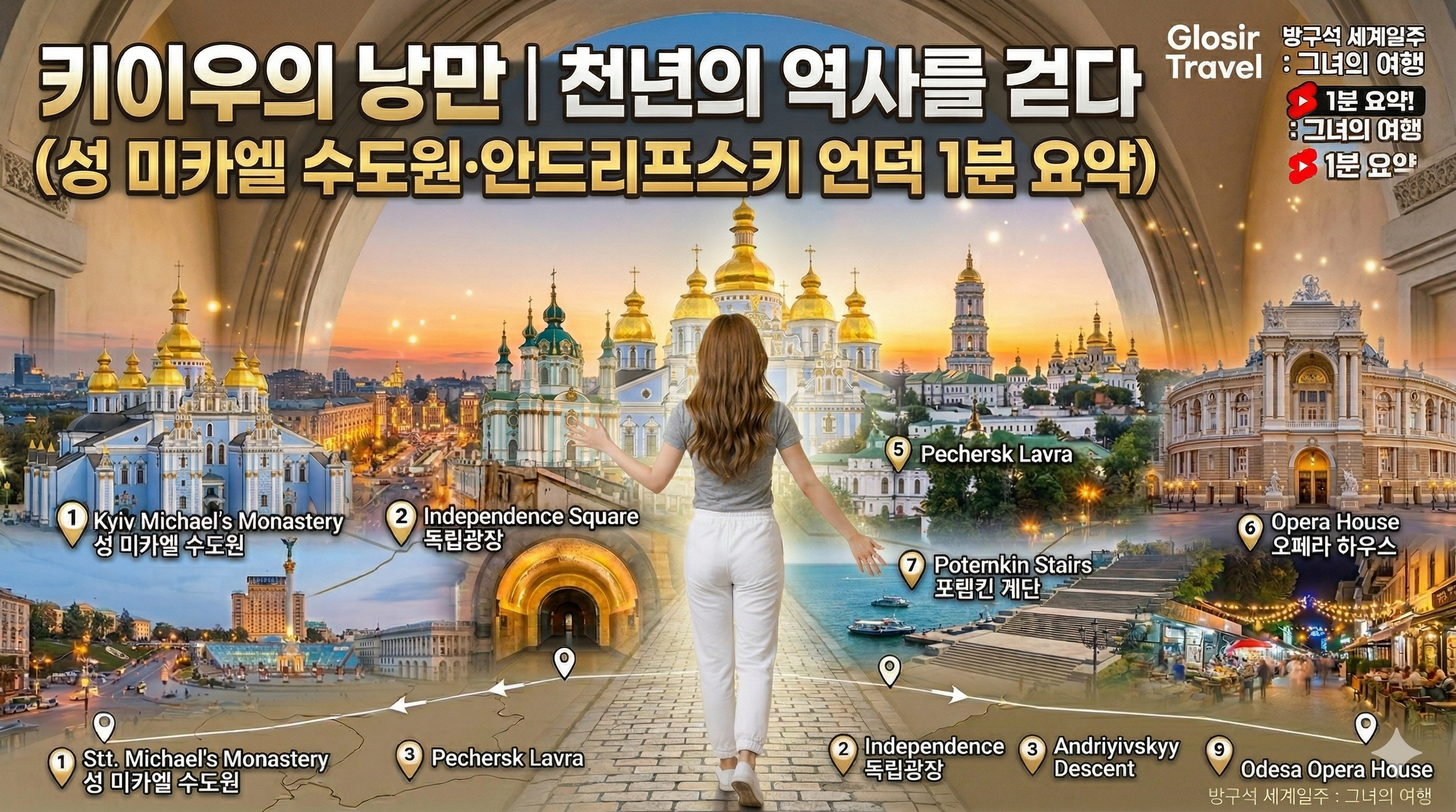황금빛 노을이 지는 키이우 성 미카엘 수도원 앞. 그레이 반팔티와 흰색 트레이닝 바지를 입은 여성이 웅장한 풍경에 감탄하며 양손을 가볍게 벌린 채 서 있는 전신 뒷모습 이미지.