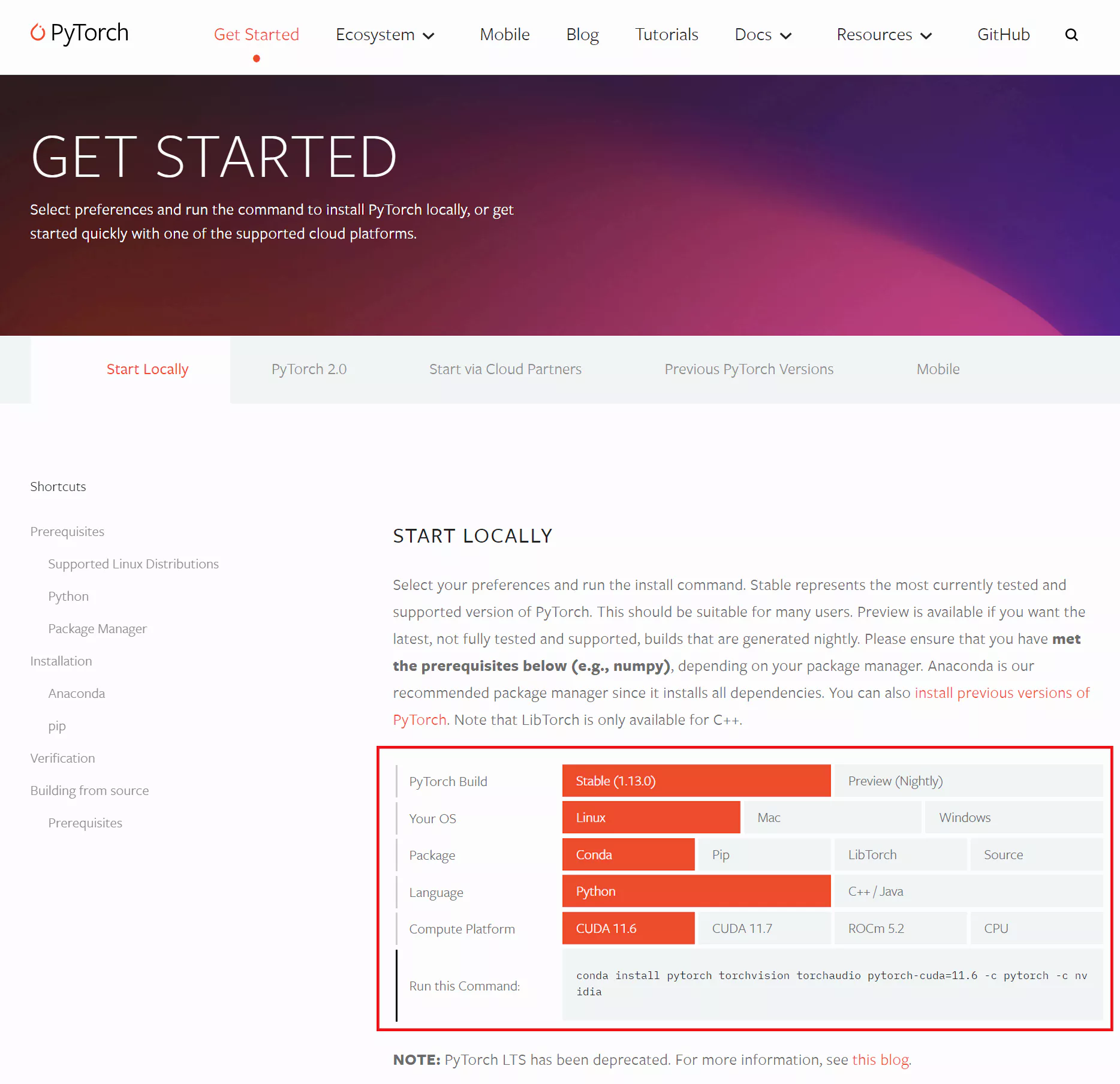 파이토치-공식-홈페이지의-파이토치-설치-관련-페이지