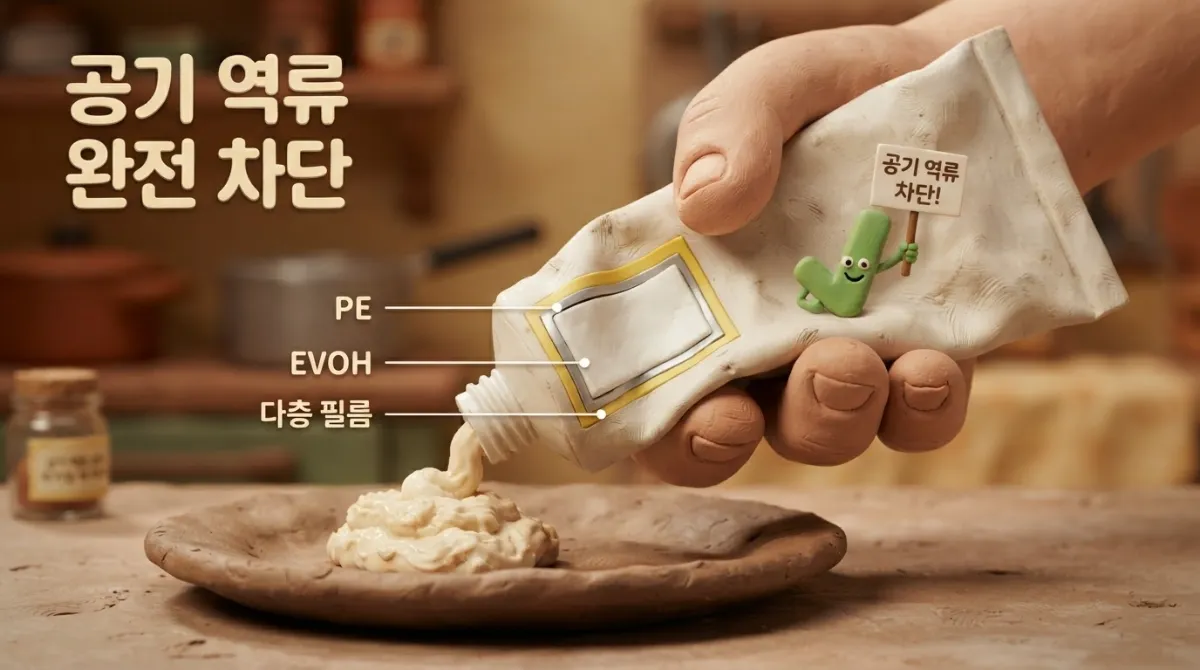 마요네즈 튜브 용기의 공학적 비밀 - PE와 EVOH 다층 필름으로 공기 역류를 차단하고 신선도를 오래 유지하는 설계 원리 단면도