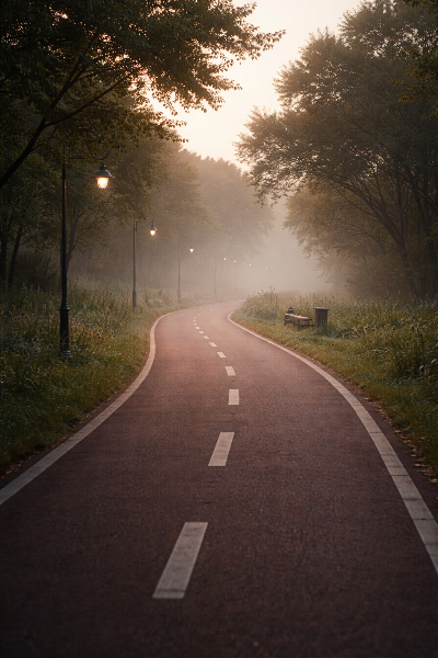 이른 아침 안개가 낀 러닝 경로의 모습, 사람 없이 조용한 분위기의 자연 환경