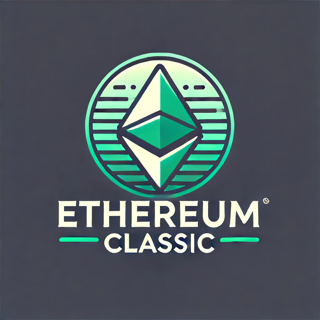 이더리움 클래식의 로고, 초록색 다이아 모양에 둥근 테두리가 쳐져있다 아래는 ETHEREUM 이라는 영어로 적혀져있고 배경화면은 검정색.