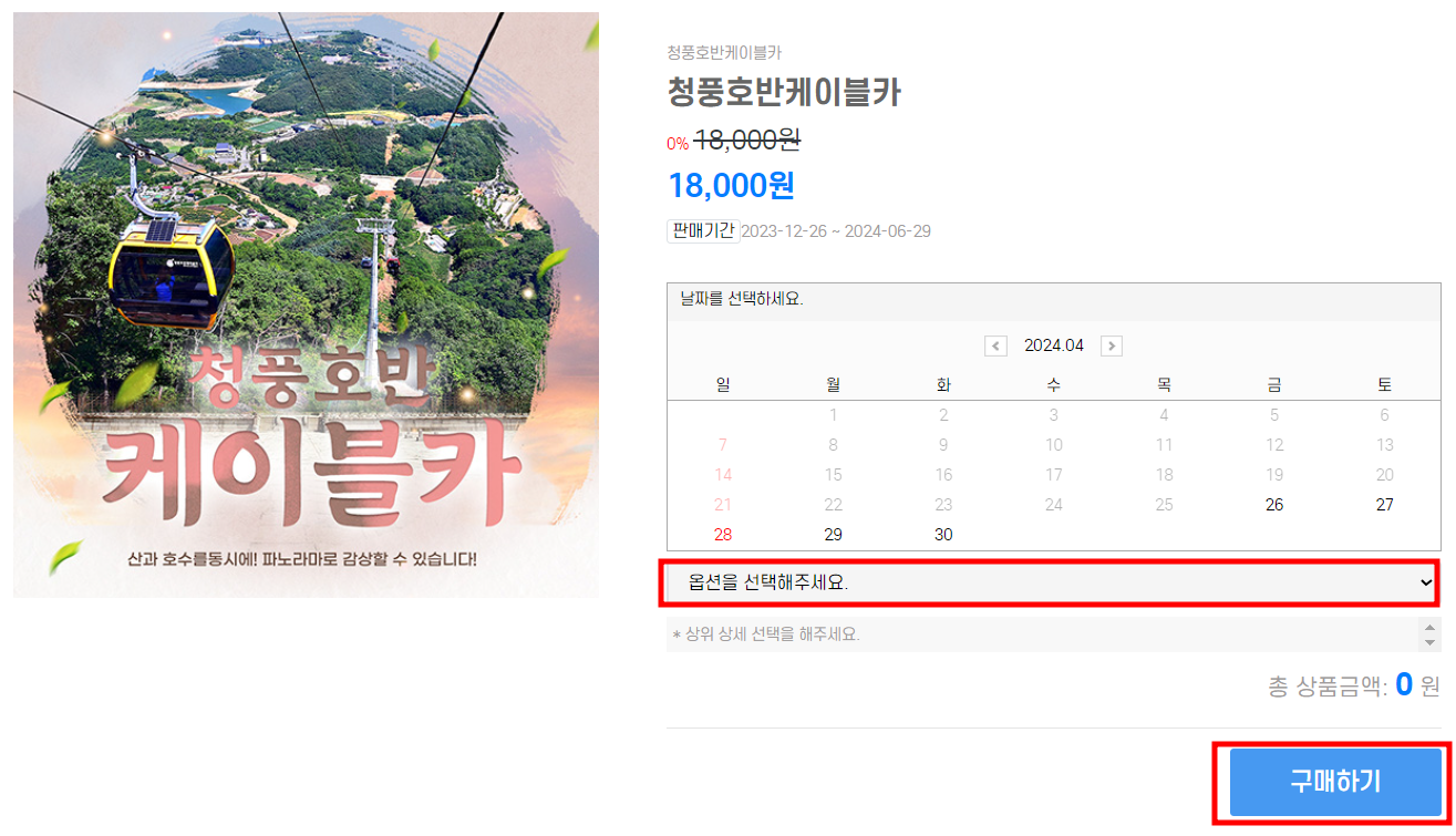 케이블카 예약 날짜 옵션 선택