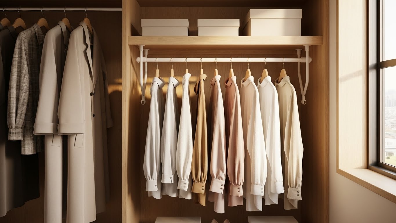 따스한 햇살이 스며드는 원목 옷장 안, 압축봉으로 2단 행거를 만들어 위아래로 가지런히 정리된 옷들이 보이는 감성적인 인테리어 사진.