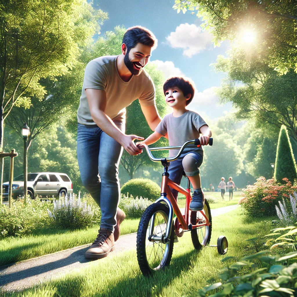 공원에서 아빠와 아이가 함께 있는 하이퍼리얼리즘 장면. 아빠는 자전거를 타는 아이를 기쁘게 도와주고 있으며&amp;#44; 푸른 잔디와 햇빛이 비치는 생기 넘치는 순간을 포착한 모습